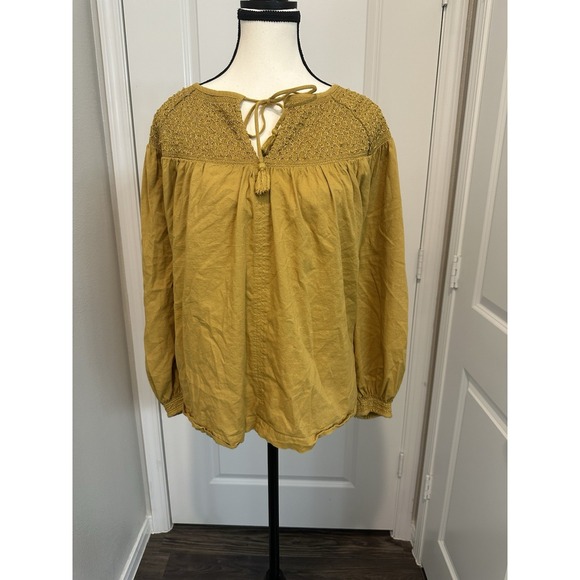 Old Navy Smocked Peasant Top 2X Mustard Yellow Boho Long Sleeve Blouse Plus Size - Picture 1 of 4